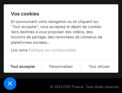 Bouton et popup de paramétrage sur les cookies du site ERS France